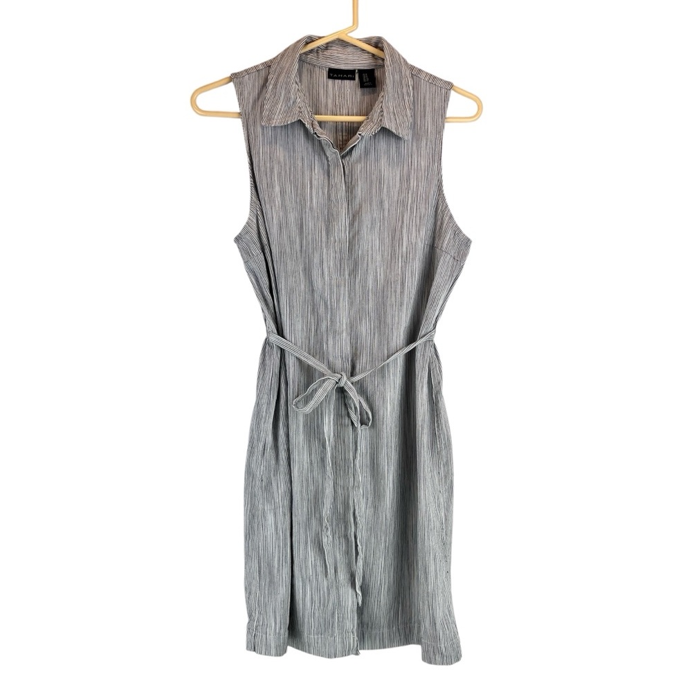 TAHARI Cotton Linen Blend Shirtdress Railroad Stripe Tie Waist 8